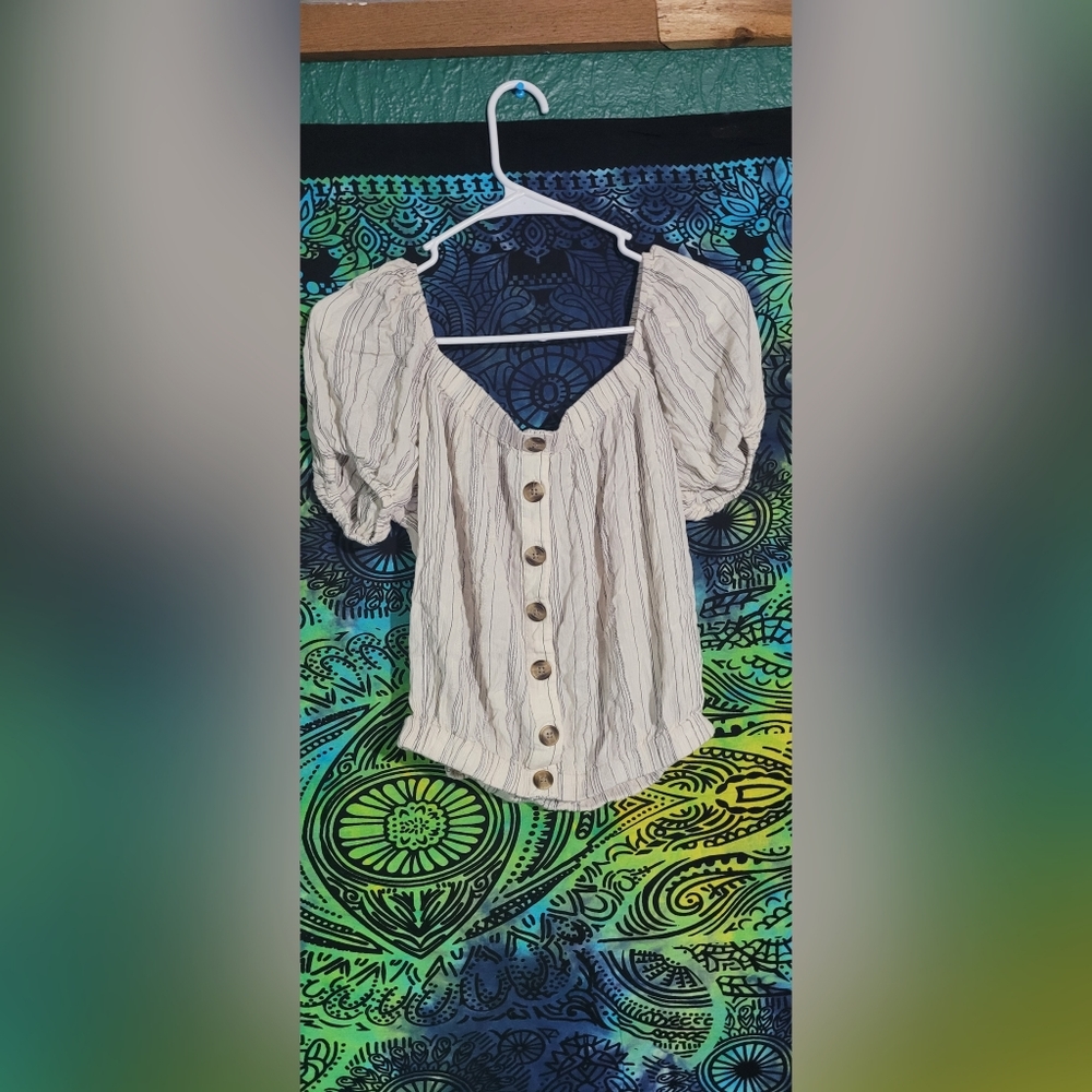 American Eagle blue striped button up off the shoulder cropped shirt